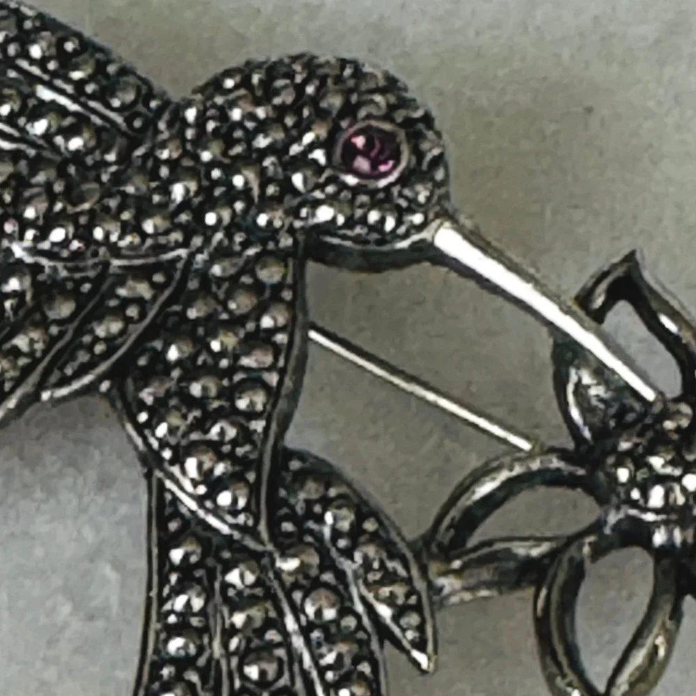 Avon Vintage Hummingbird Flower Brooch Silver Tone Marcasite Style Pink Eye Pin